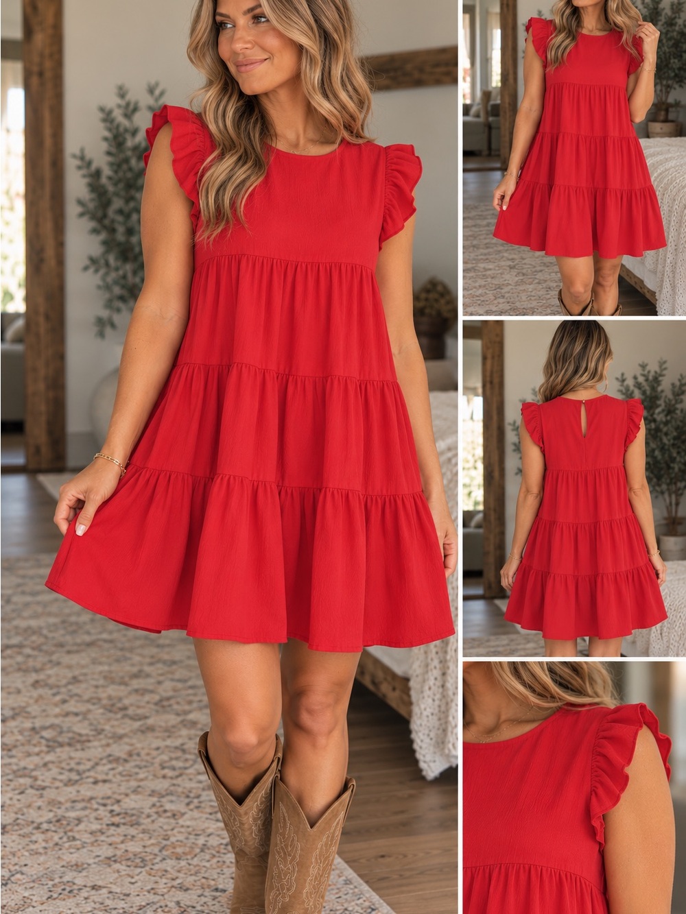 Women’s Red Tiered Ruffle Sleeve Dress